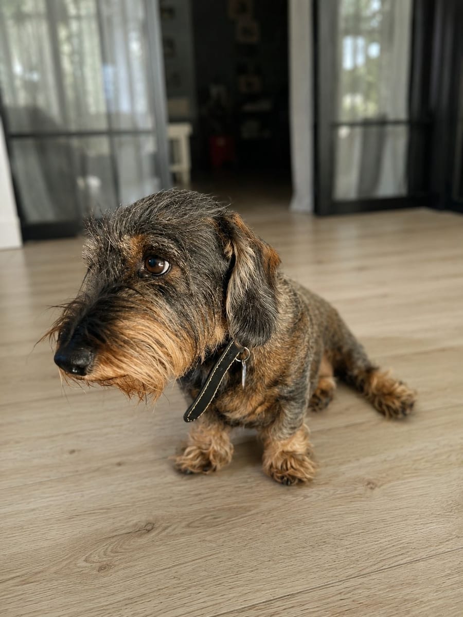 Hatsu, a senior wire-haired dachshund with a grey muzzle