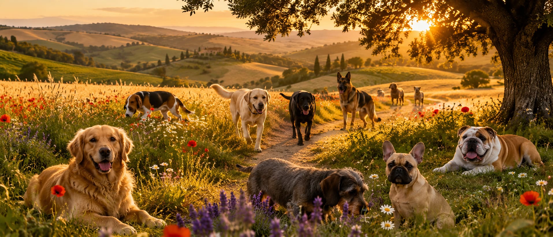 A group of dogs of different breeds relaxing together in a Tuscan meadow at golden hour