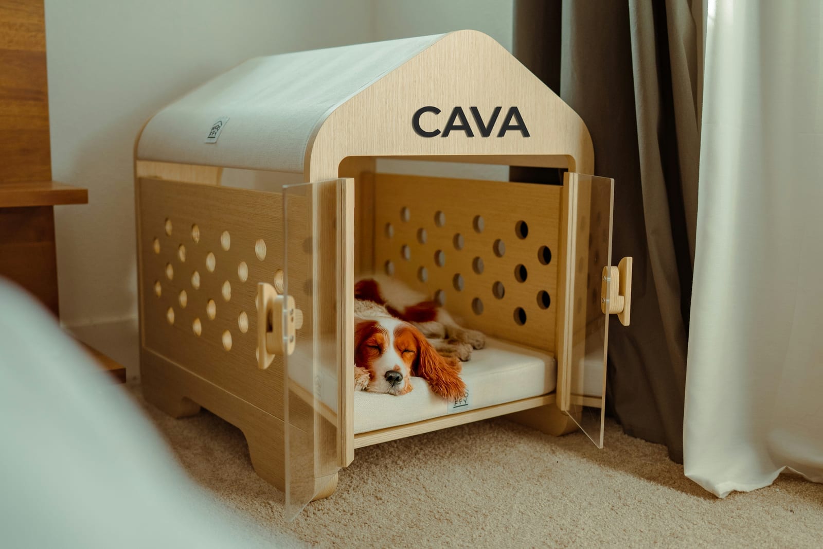 Brown dog resting on a cushion inside a modern wooden dog crate in a bright living room